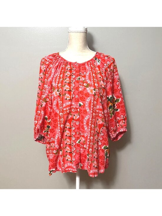 Lauren Conrad Tops - Lauren Conrad Red Floral Boho Peasant Blouse S 3/4 Sleeve Lightweight Relaxed Fi